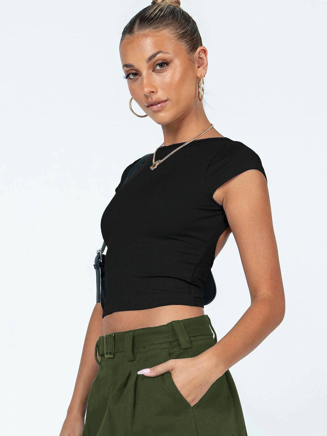 Ladies Backless Solid Color Daily Crop Top ESVJ - SWEETKAMA