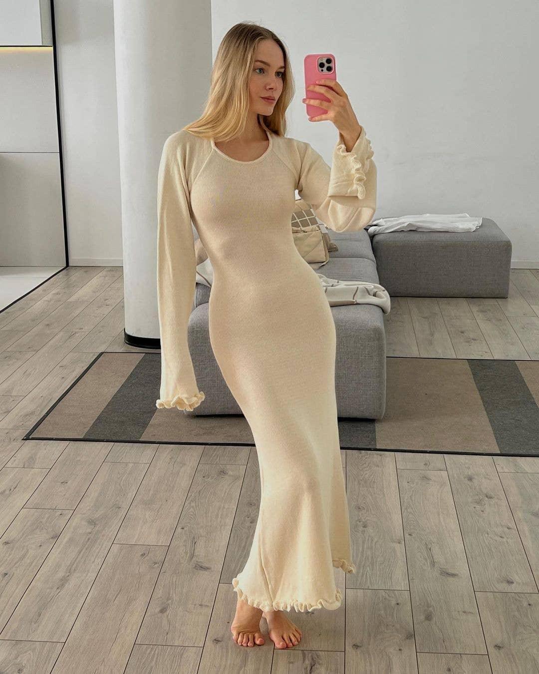 Ladies Backless String Tie Flare Sleeve Long Dress YF2332 - SWEETKAMA