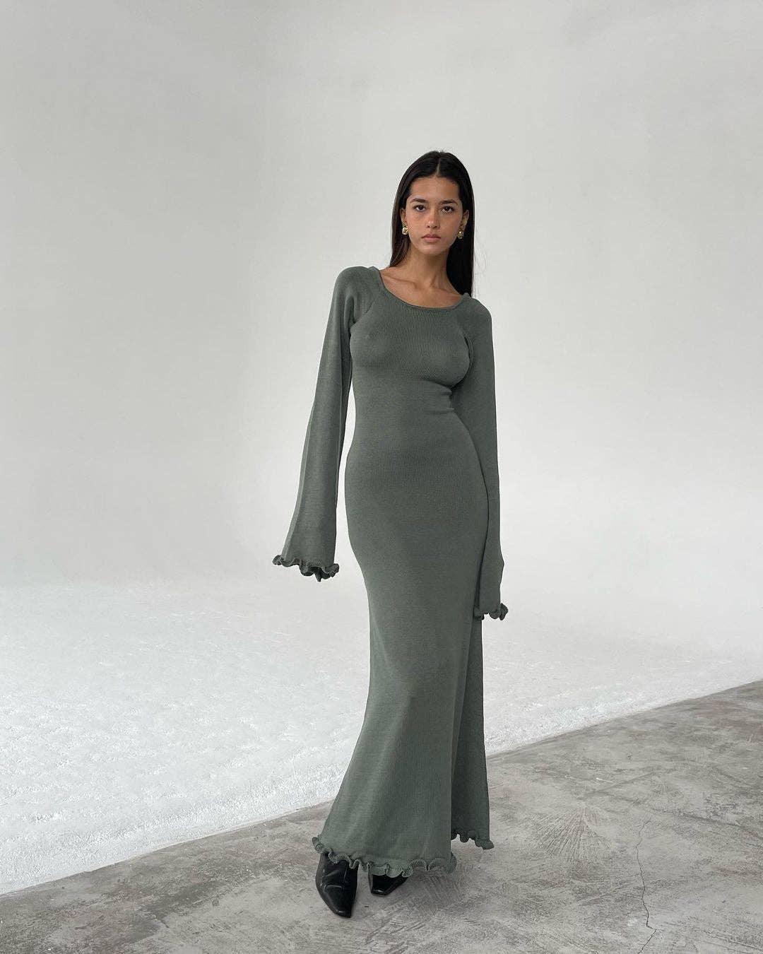 Ladies Backless String Tie Flare Sleeve Long Dress YF2332 - SWEETKAMA