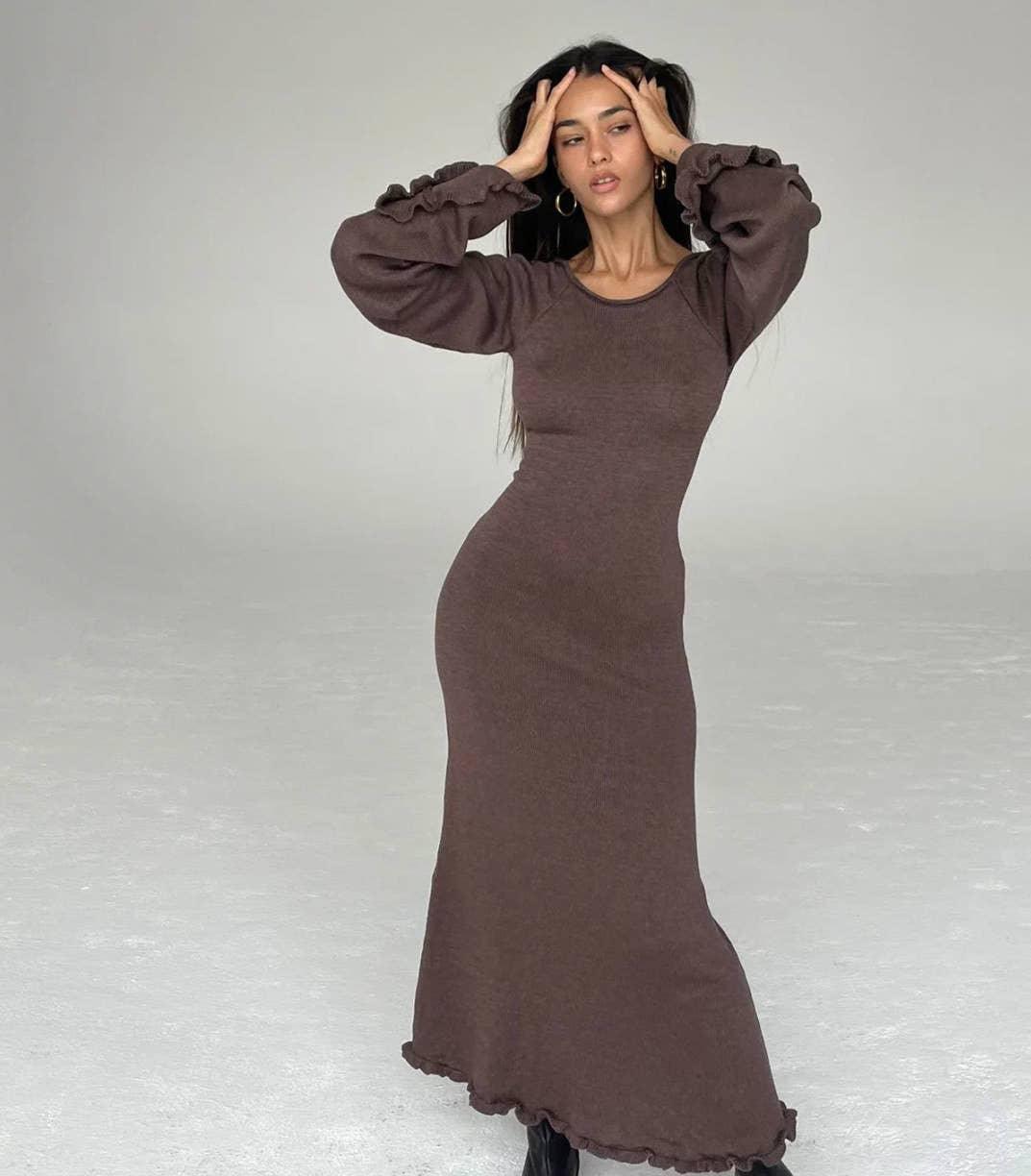 Ladies Backless String Tie Flare Sleeve Long Dress YF2332 - SWEETKAMA