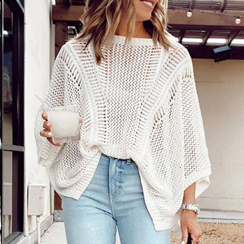 Ladies Bat Sleeves Hollow Out Knit Blouse 22065 - SWEETKAMA