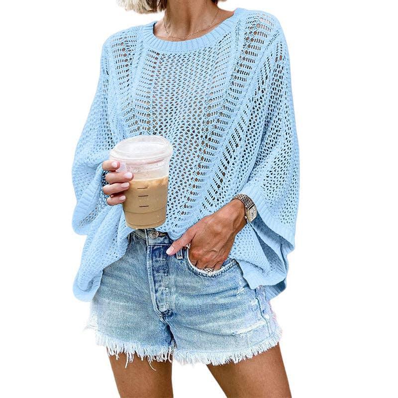 Ladies Bat Sleeves Hollow Out Knit Blouse 22065 - SWEETKAMA
