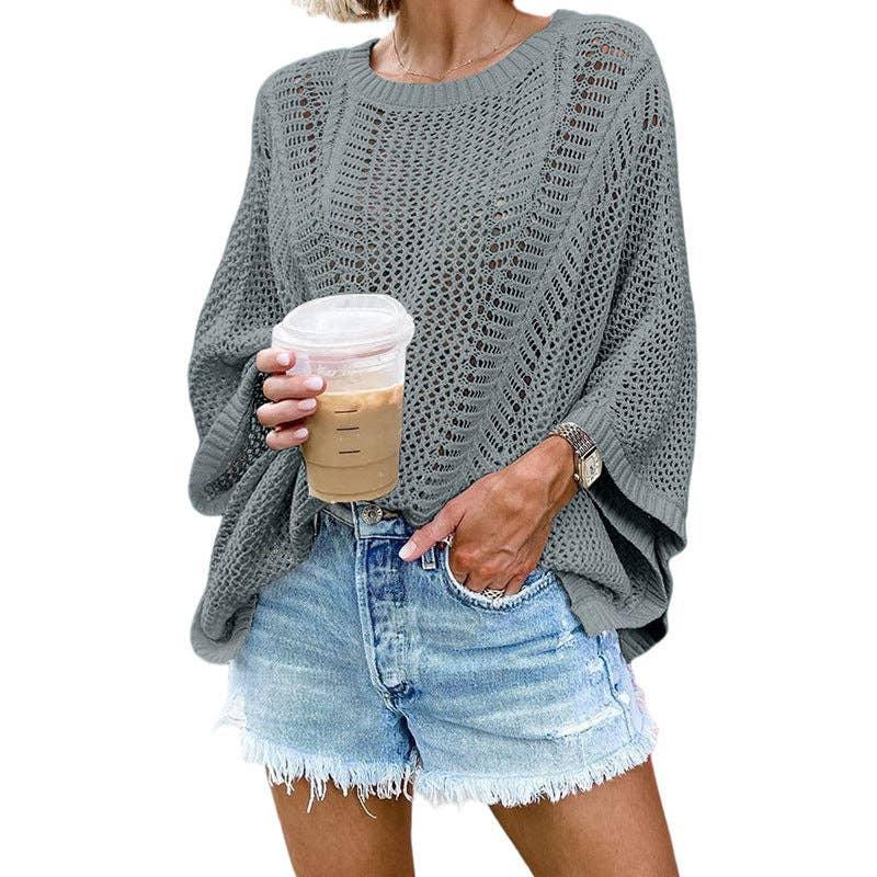 Ladies Bat Sleeves Hollow Out Knit Blouse 22065 - SWEETKAMA