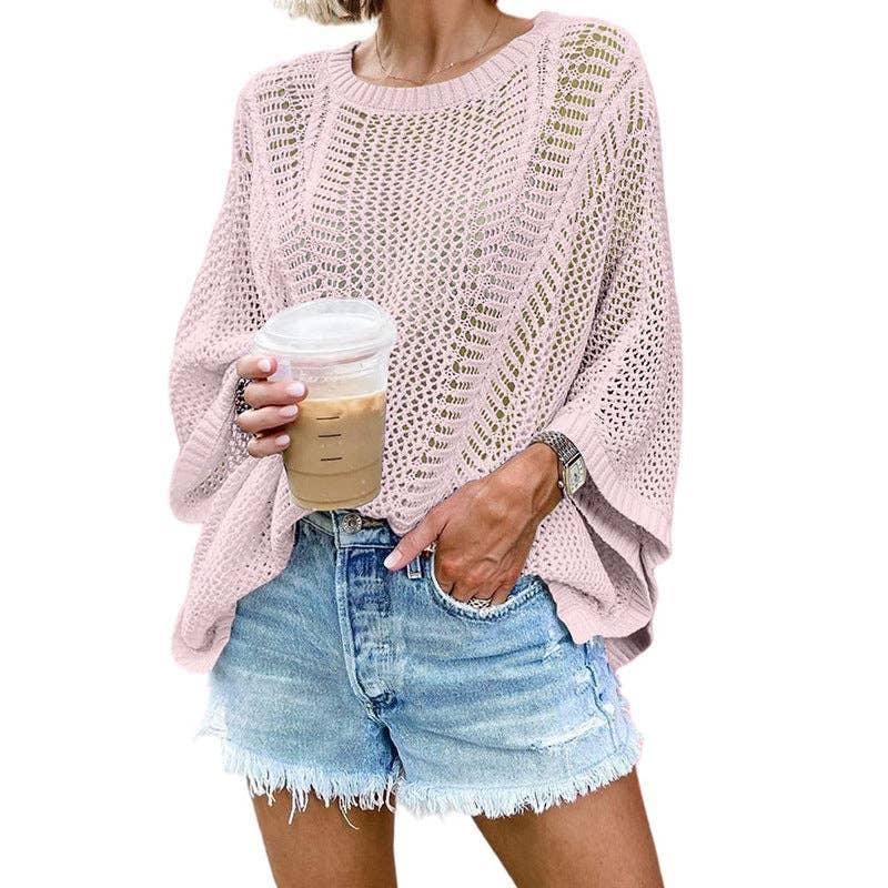 Ladies Bat Sleeves Hollow Out Knit Blouse 22065 - SWEETKAMA