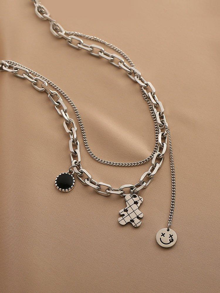 Ladies Black & Smile Circle Disc Bear Pendent Necklace SKAJ002 - SWEETKAMA
