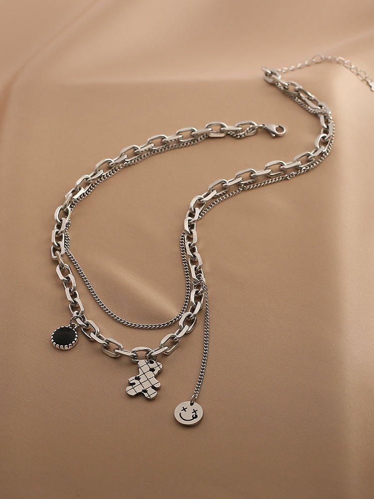 Ladies Black & Smile Circle Disc Bear Pendent Necklace SKAJ002 - SWEETKAMA