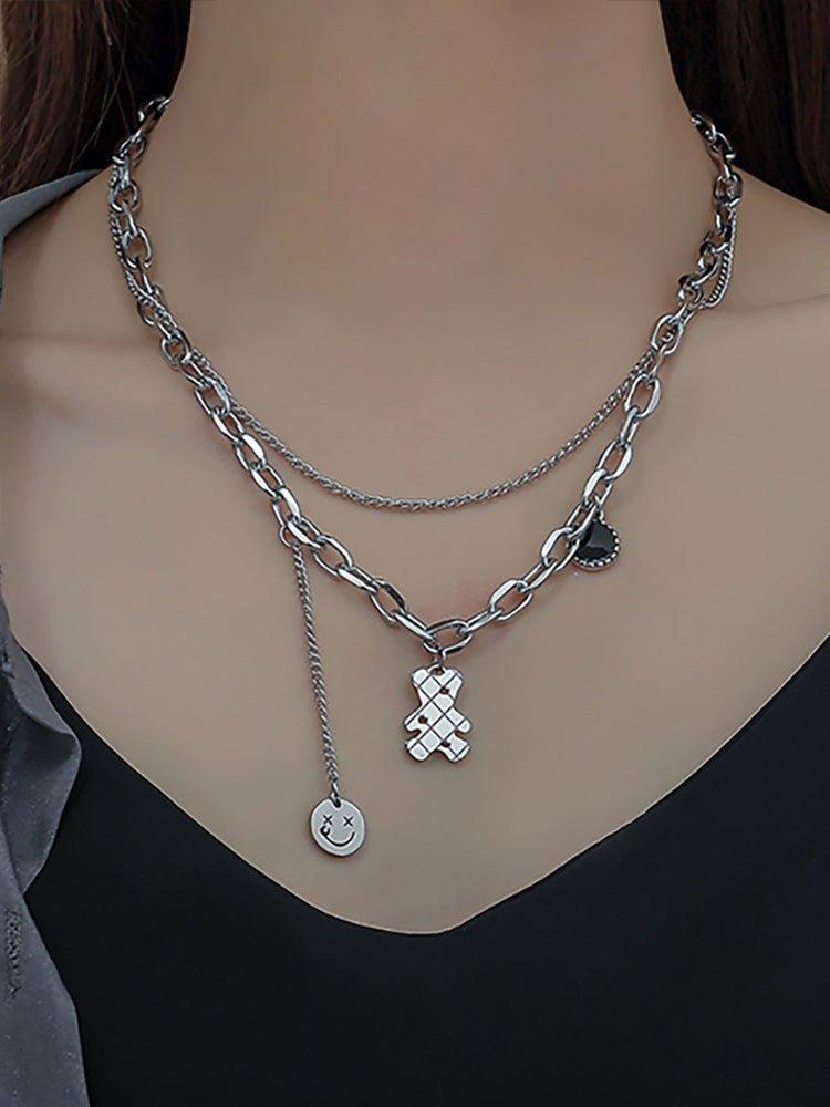 Ladies Black & Smile Circle Disc Bear Pendent Necklace SKAJ002 - SWEETKAMA
