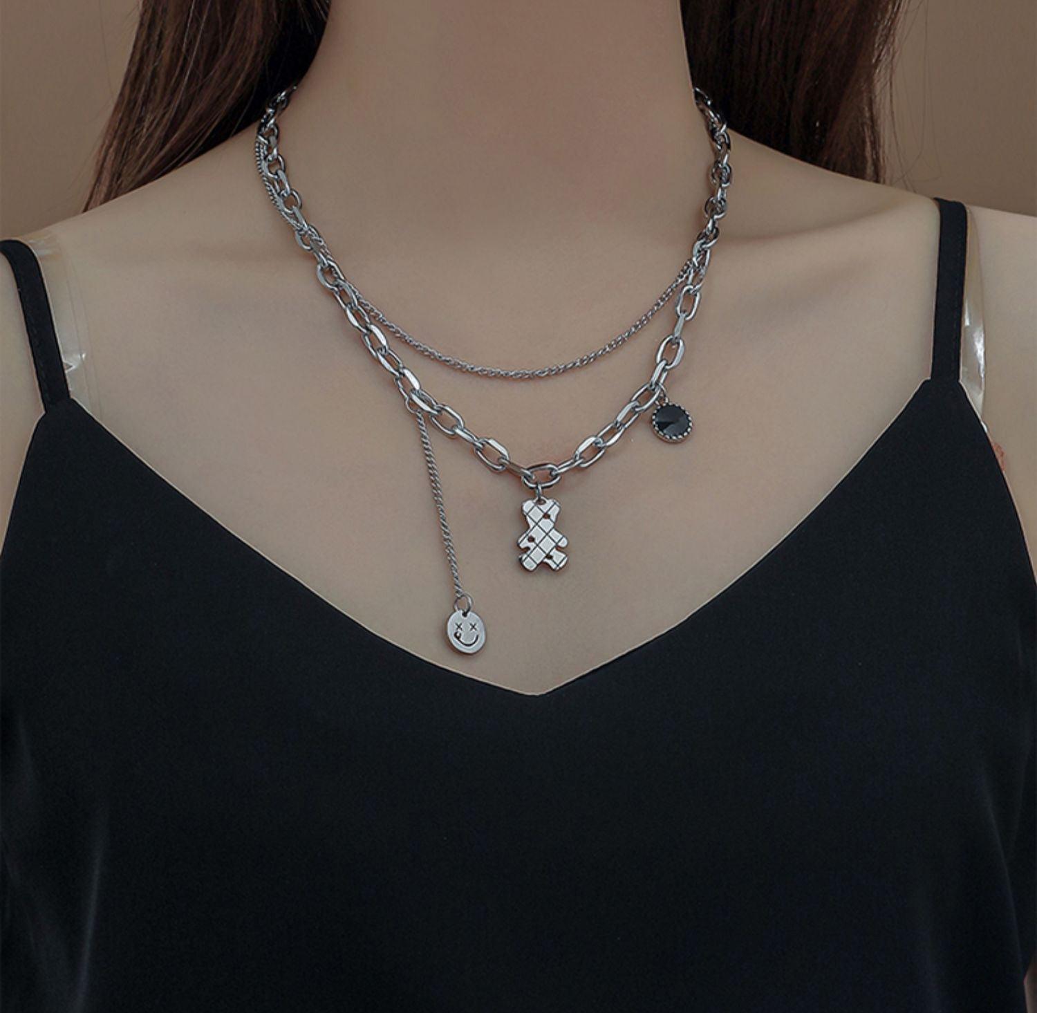 Ladies Black & Smile Circle Disc Bear Pendent Necklace SKAJ002 - SWEETKAMA