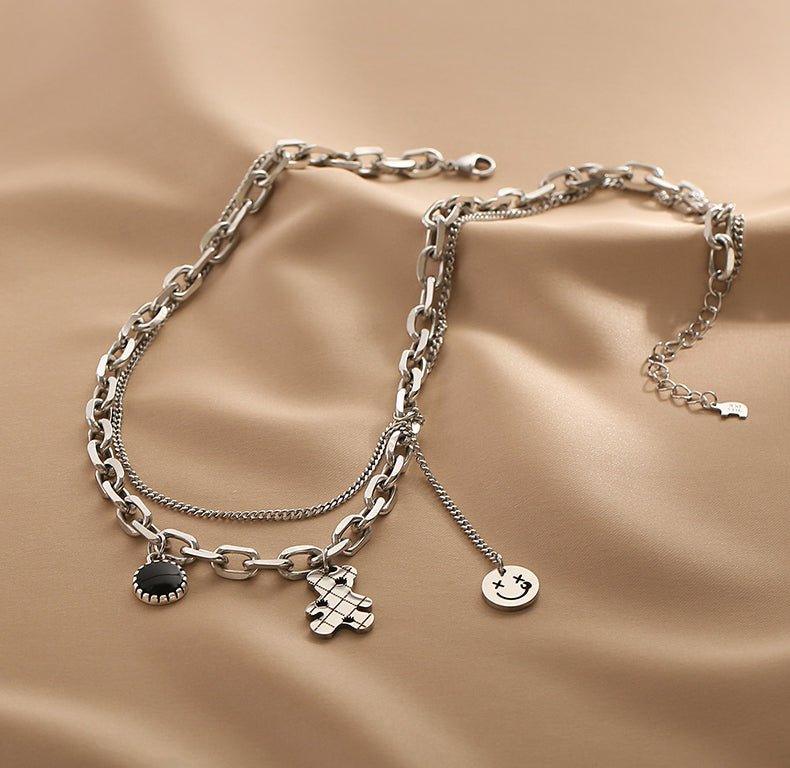 Ladies Black & Smile Circle Disc Bear Pendent Necklace SKAJ002 - SWEETKAMA