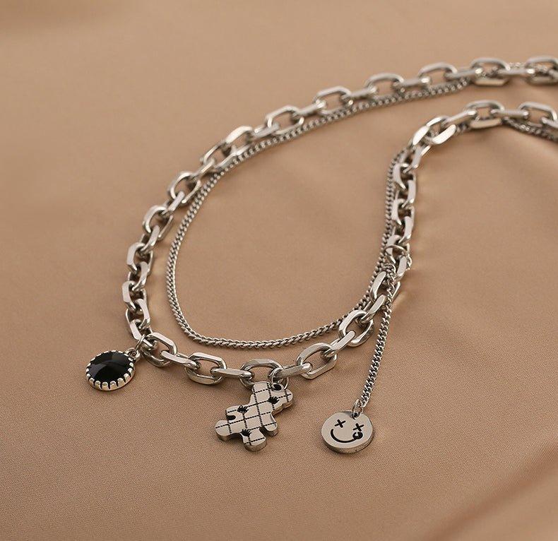 Ladies Black & Smile Circle Disc Bear Pendent Necklace SKAJ002 - SWEETKAMA