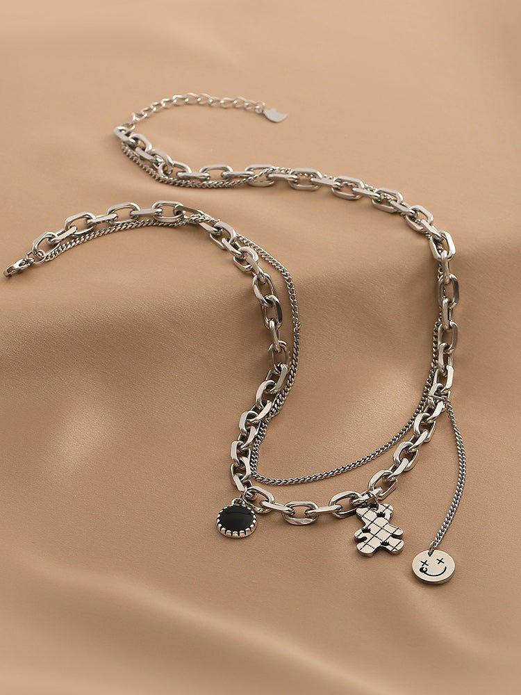 Ladies Black & Smile Circle Disc Bear Pendent Necklace SKAJ002 - SWEETKAMA