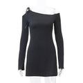 Ladies Black Off Shoulder Solid Long Sleeves Dress Y23DS389 - SWEETKAMA