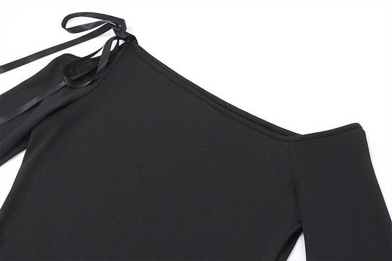 Ladies Black Off Shoulder Solid Long Sleeves Dress Y23DS389 - SWEETKAMA