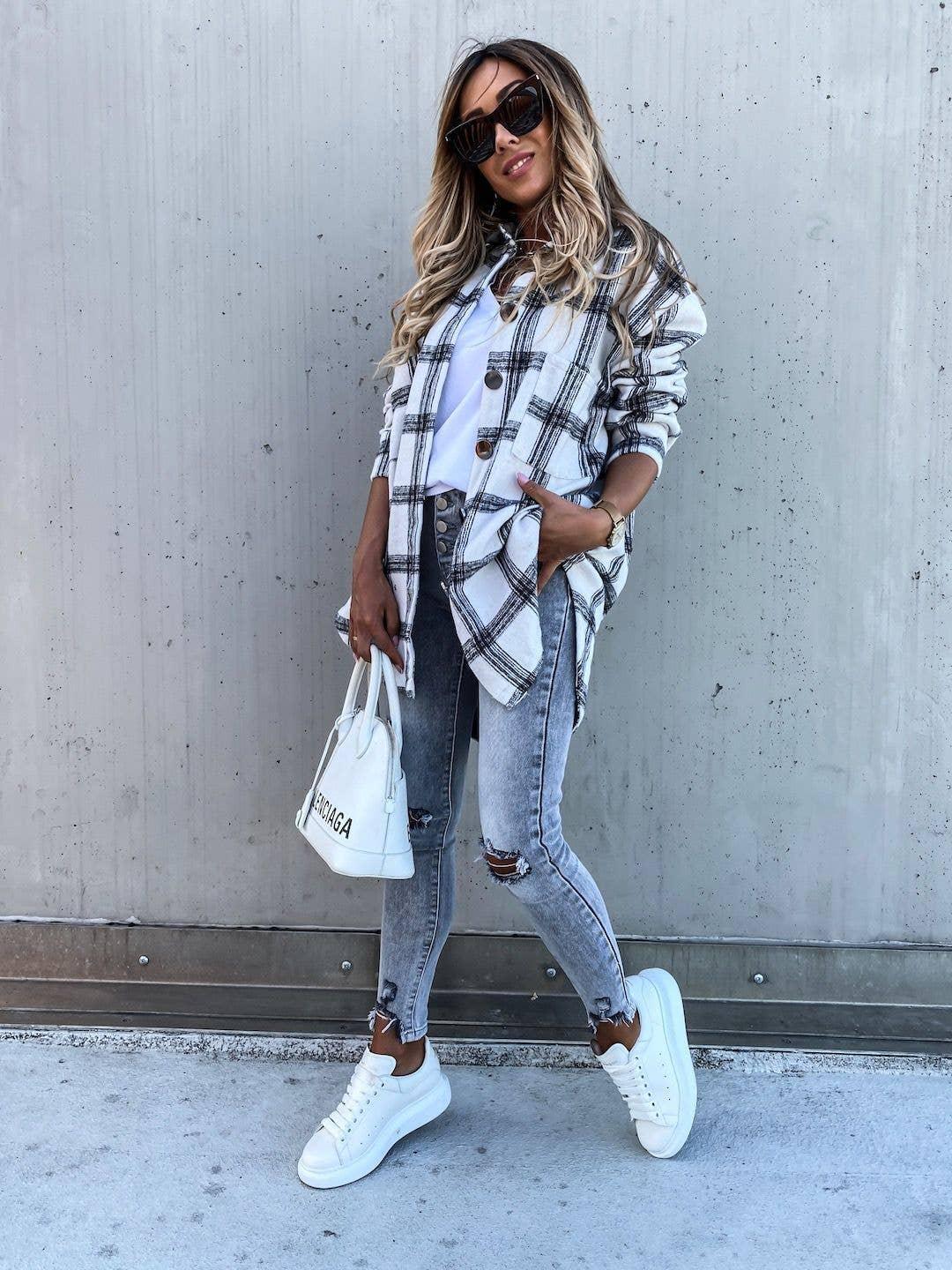 Ladies Botton Open Turndown Collar Plaid Shirt 9965 - SWEETKAMA
