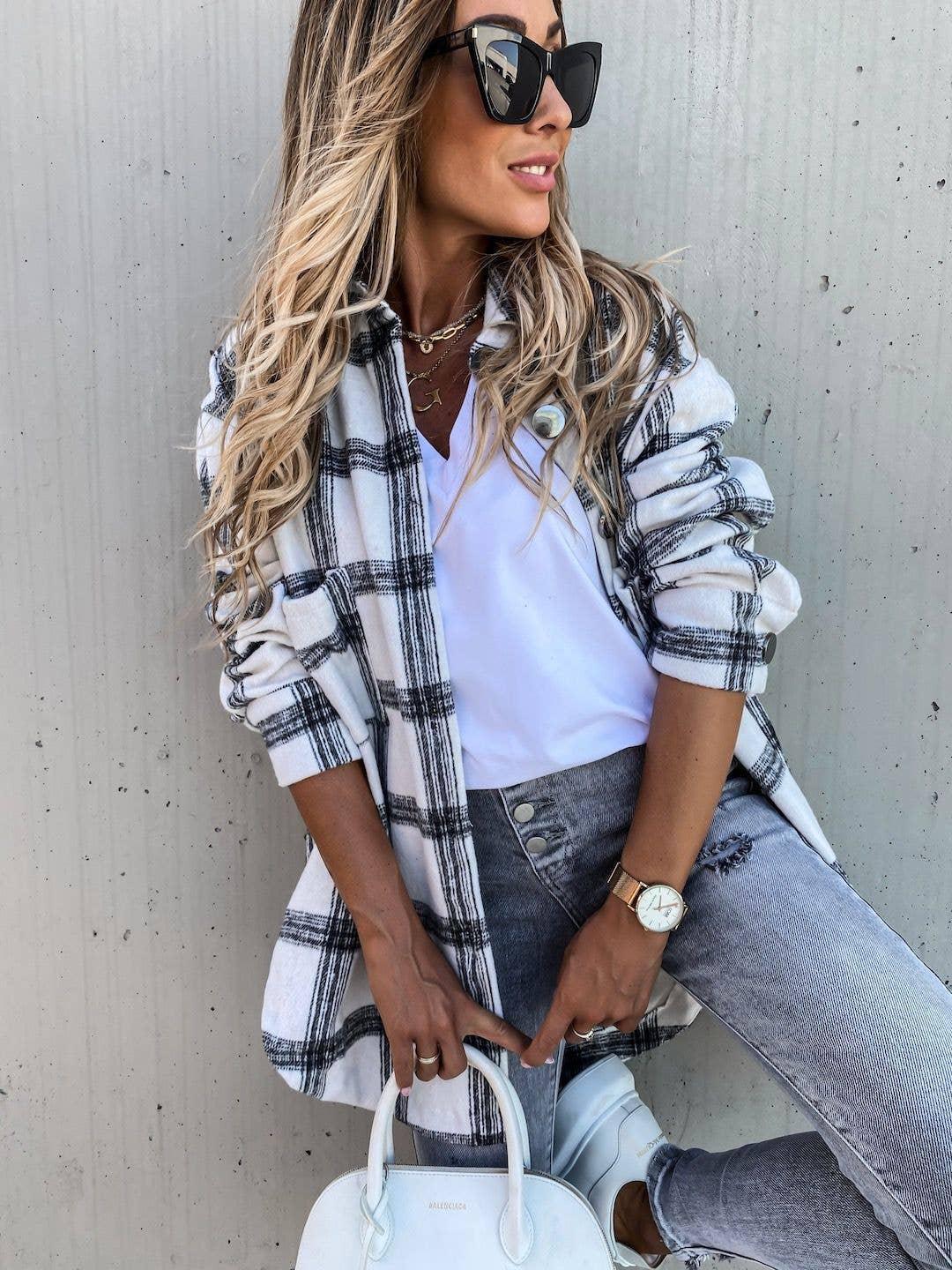 Ladies Botton Open Turndown Collar Plaid Shirt 9965 - SWEETKAMA
