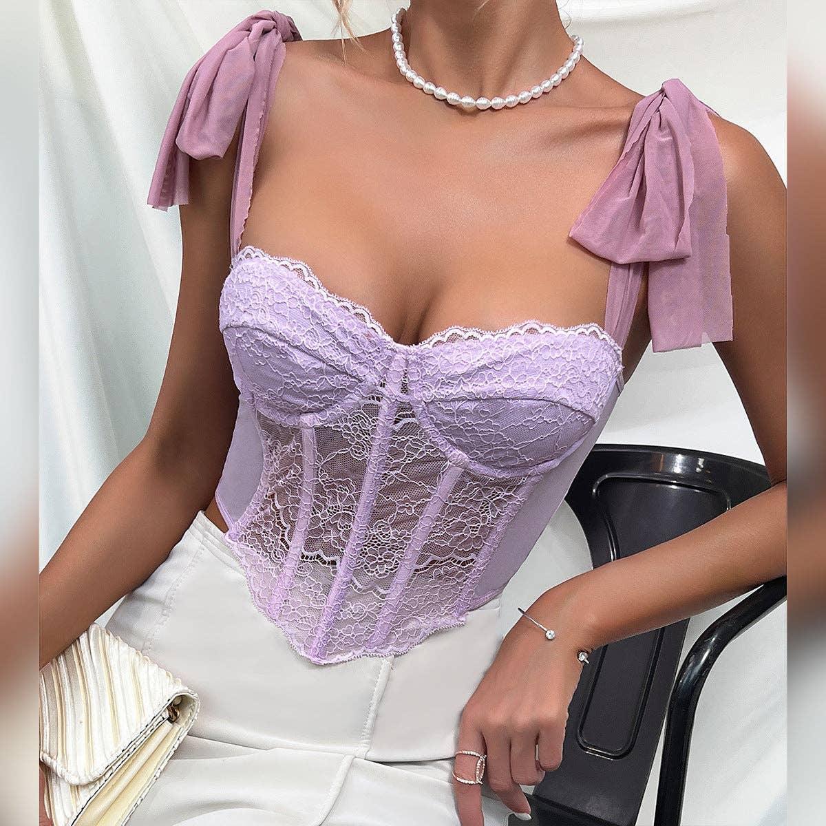Ladies Bow Tie Shoulder Strap Floral Lace Corset K0372 - SWEETKAMA