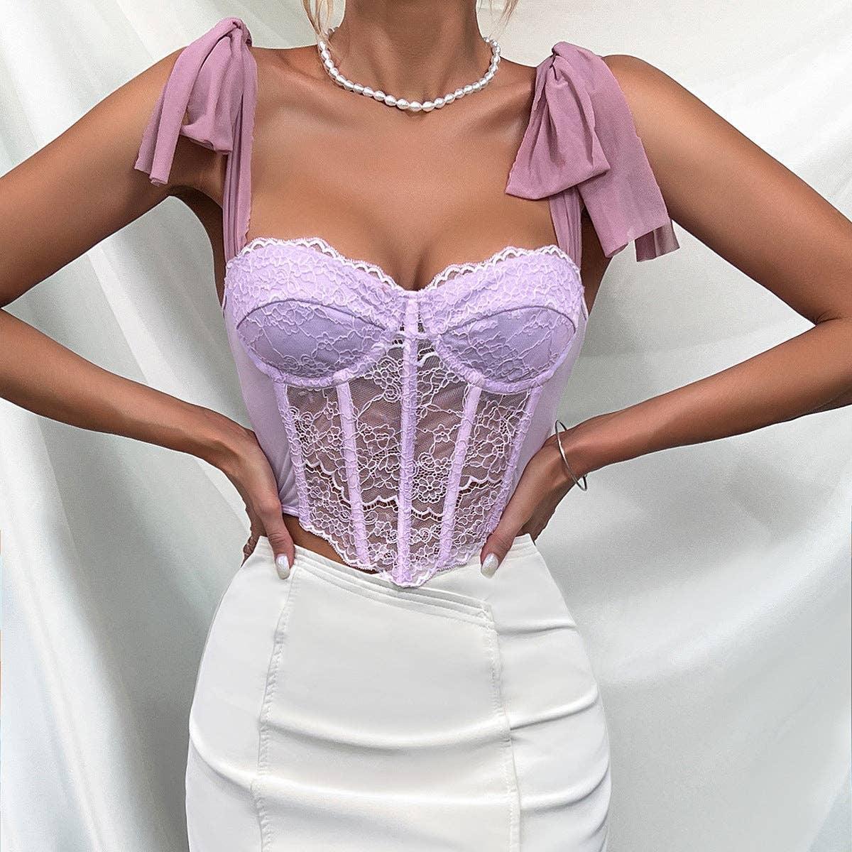 Ladies Bow Tie Shoulder Strap Floral Lace Corset K0372 - SWEETKAMA