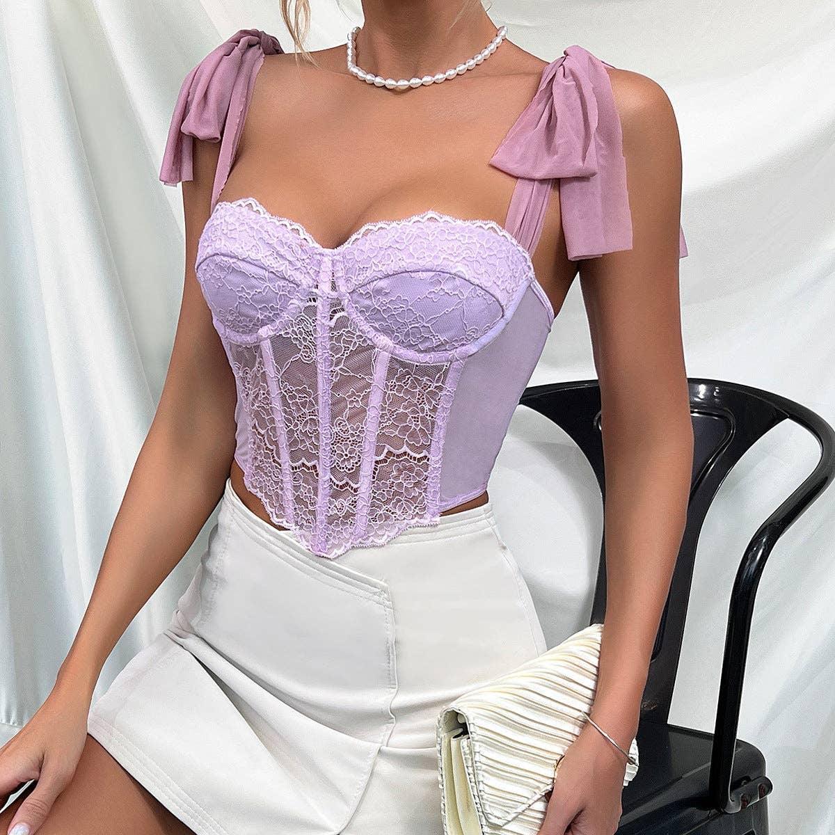 Ladies Bow Tie Shoulder Strap Floral Lace Corset K0372 - SWEETKAMA