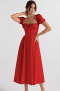Ladies Bubble Sleeves Square Neck Midi Dress 1902 - SWEETKAMA