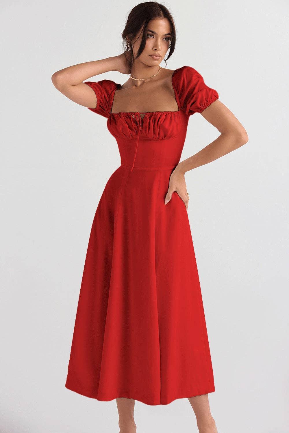 Ladies Bubble Sleeves Square Neck Midi Dress 1902 - SWEETKAMA