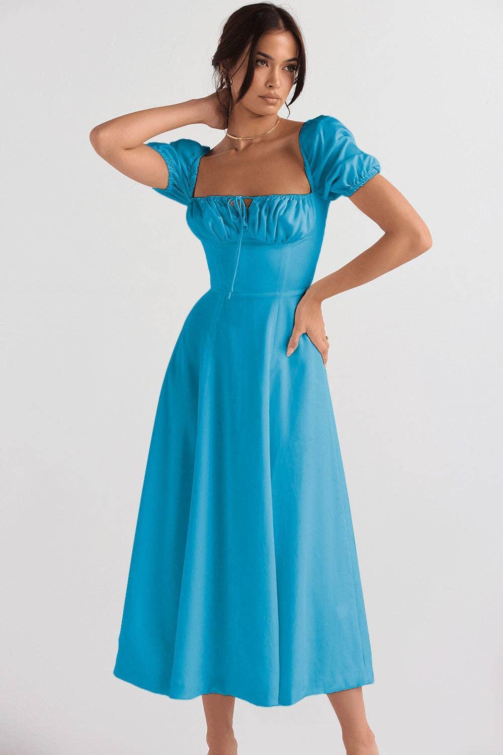 Ladies Bubble Sleeves Square Neck Midi Dress 1902 - SWEETKAMA