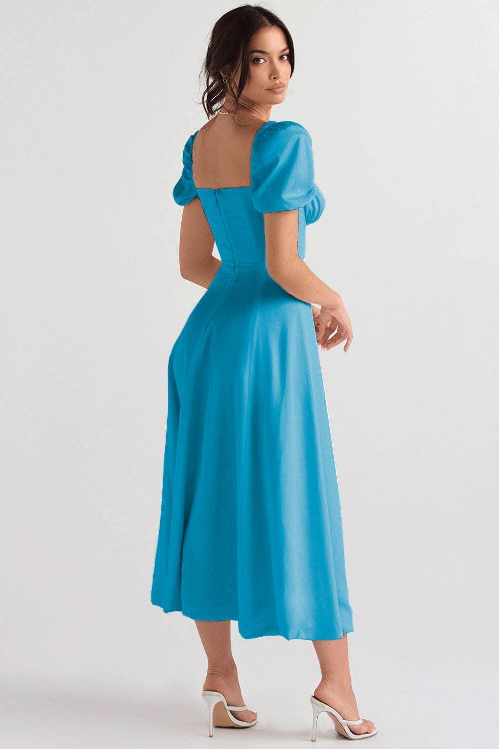Ladies Bubble Sleeves Square Neck Midi Dress 1902 - SWEETKAMA