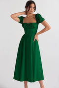 Ladies Bubble Sleeves Square Neck Midi Dress 1902 - SWEETKAMA