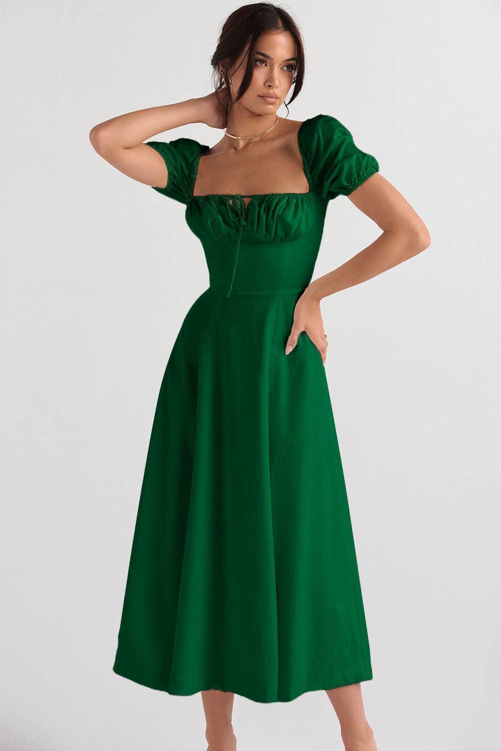 Ladies Bubble Sleeves Square Neck Midi Dress 1902 - SWEETKAMA
