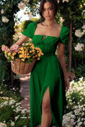 Ladies Bubble Sleeves Square Neck Midi Dress 1902 - SWEETKAMA