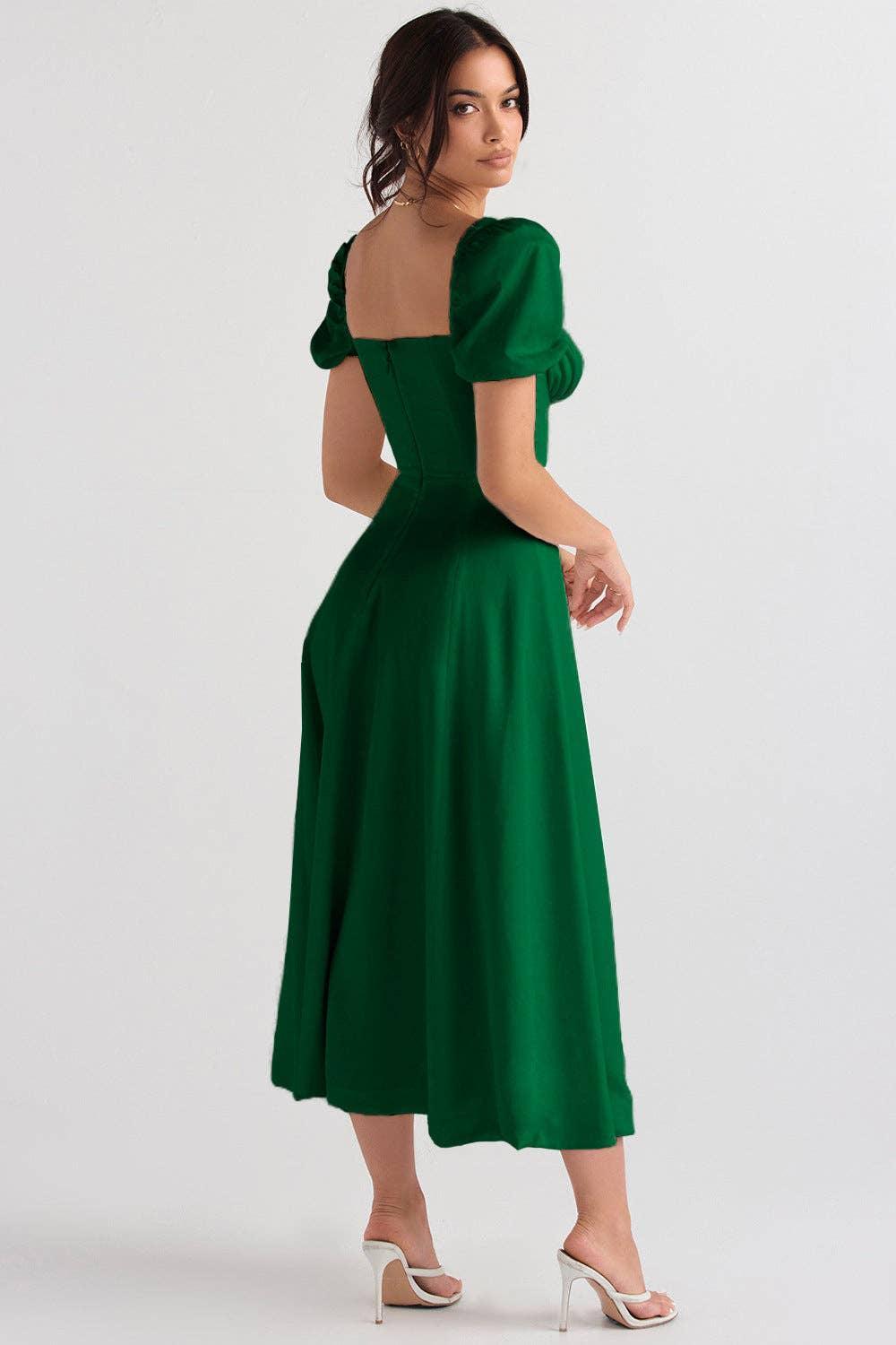 Ladies Bubble Sleeves Square Neck Midi Dress 1902 - SWEETKAMA