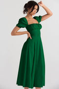 Ladies Bubble Sleeves Square Neck Midi Dress 1902 - SWEETKAMA