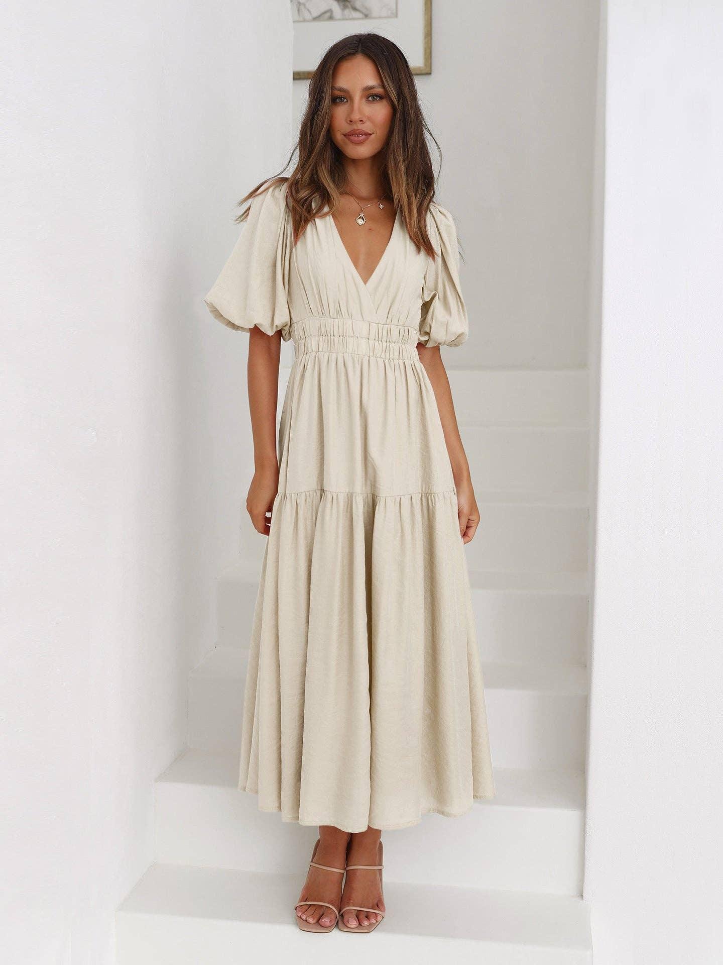 SWEETKAMA Ladies Bubble Sleeves V-Neck Daily Midi Dress GQRM