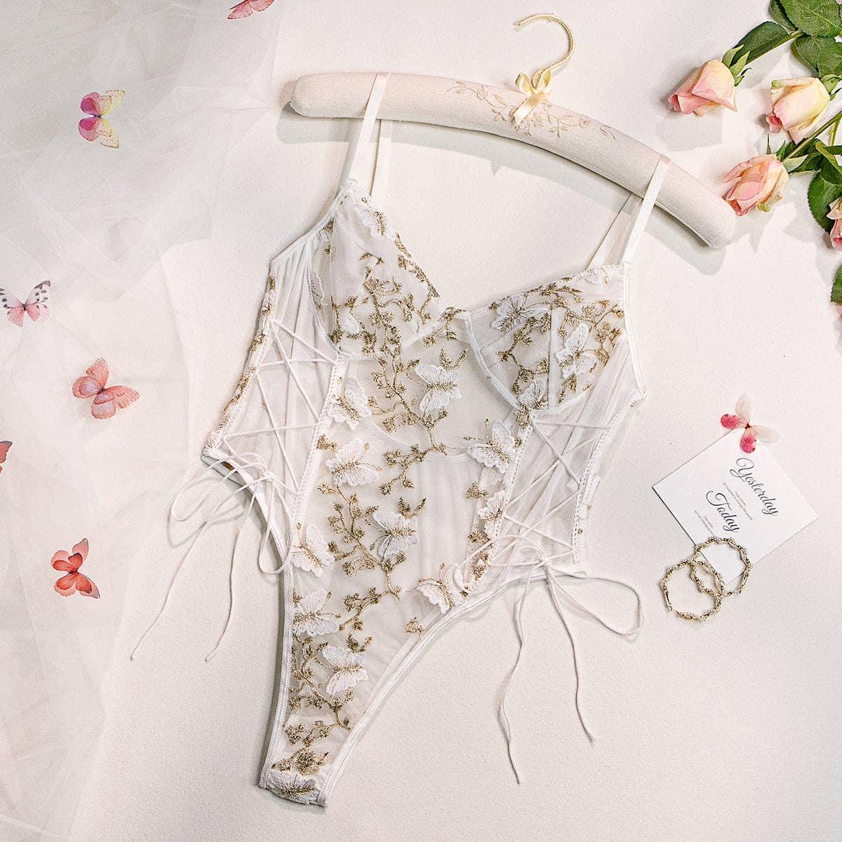 Ladies Butterfly Embroidery Sexy Teddy W490 - SWEETKAMA