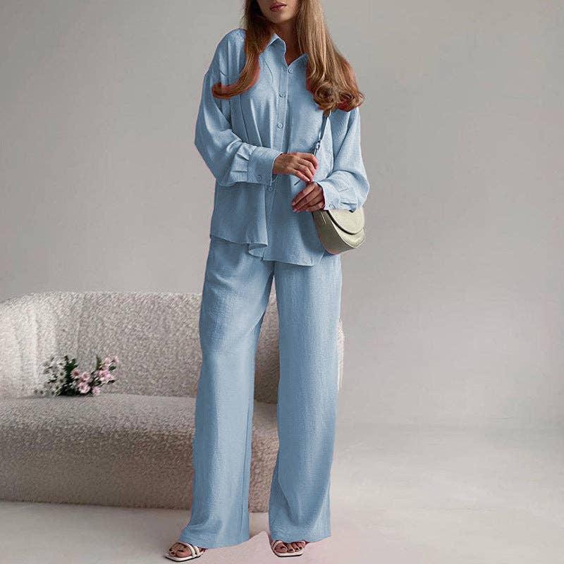 Ladies Button Down Top Pant 2PCS Daily Set HK6165 - SWEETKAMA