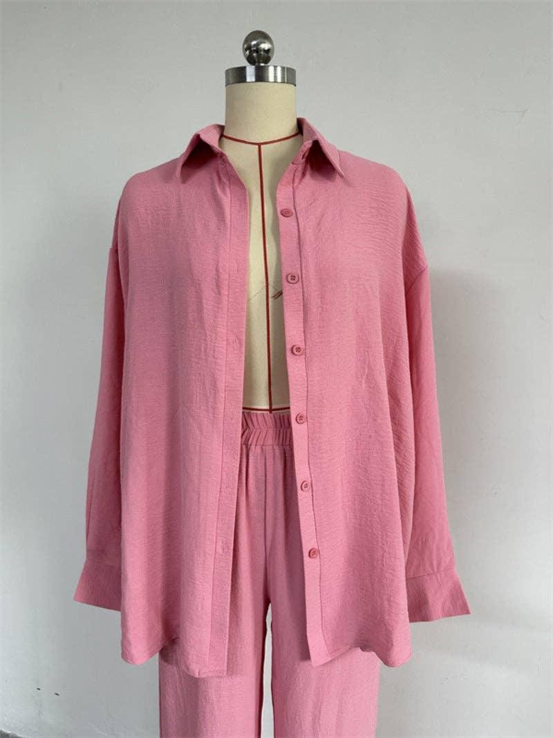 Ladies Button Down Top Pant 2PCS Daily Set HK6165 - SWEETKAMA