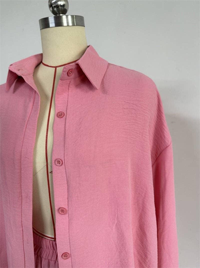 Ladies Button Down Top Pant 2PCS Daily Set HK6165 - SWEETKAMA
