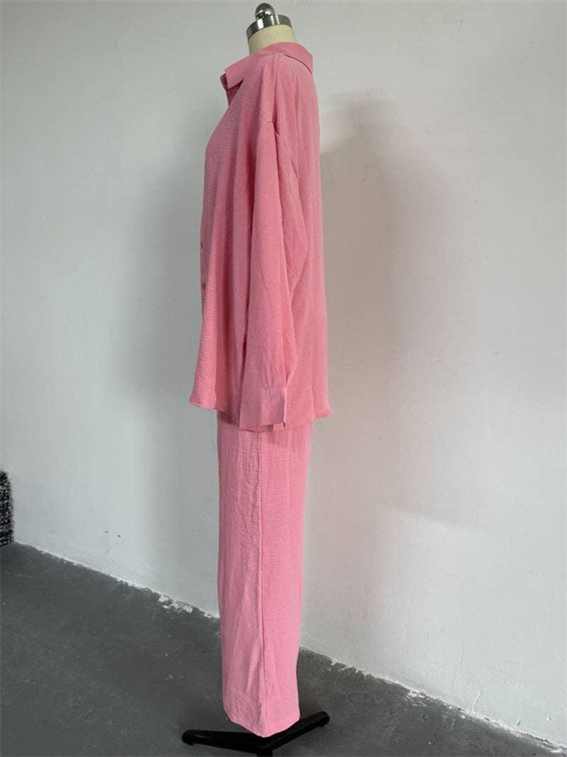 Ladies Button Down Top Pant 2PCS Daily Set HK6165 - SWEETKAMA