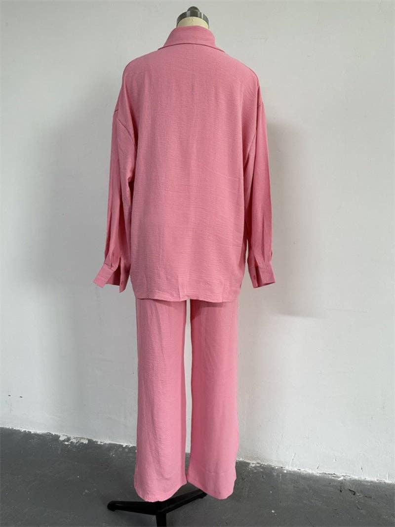 Ladies Button Down Top Pant 2PCS Daily Set HK6165 - SWEETKAMA