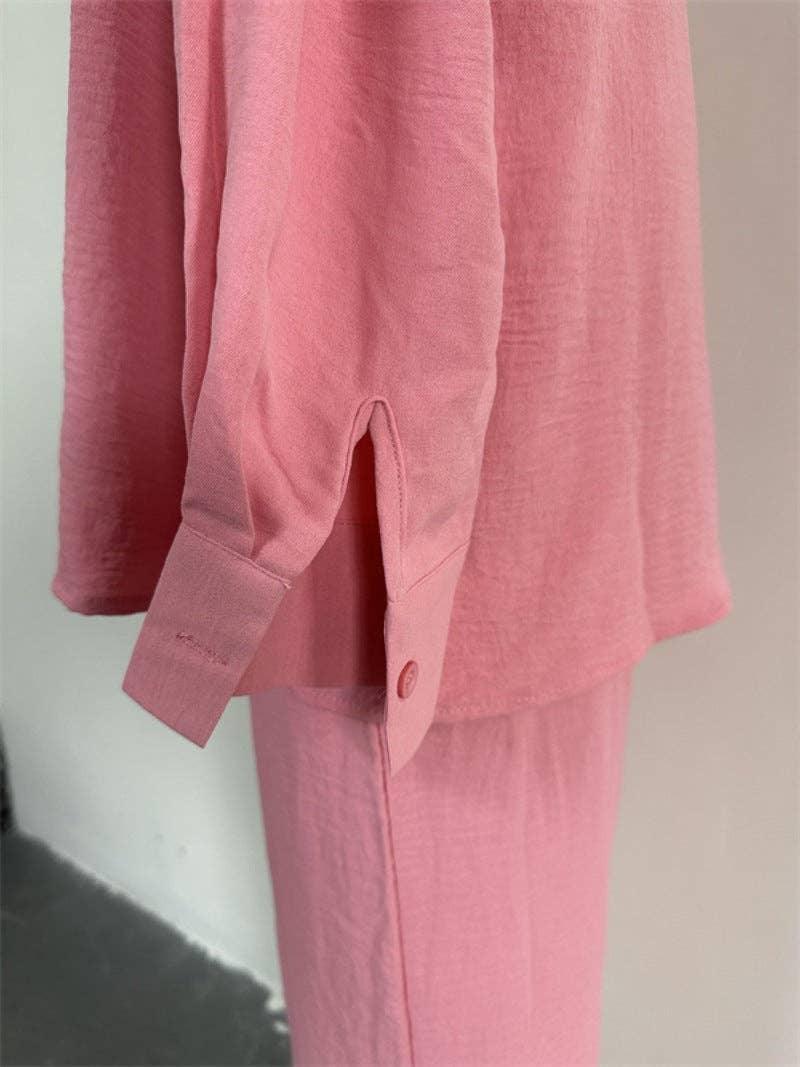 Ladies Button Down Top Pant 2PCS Daily Set HK6165 - SWEETKAMA