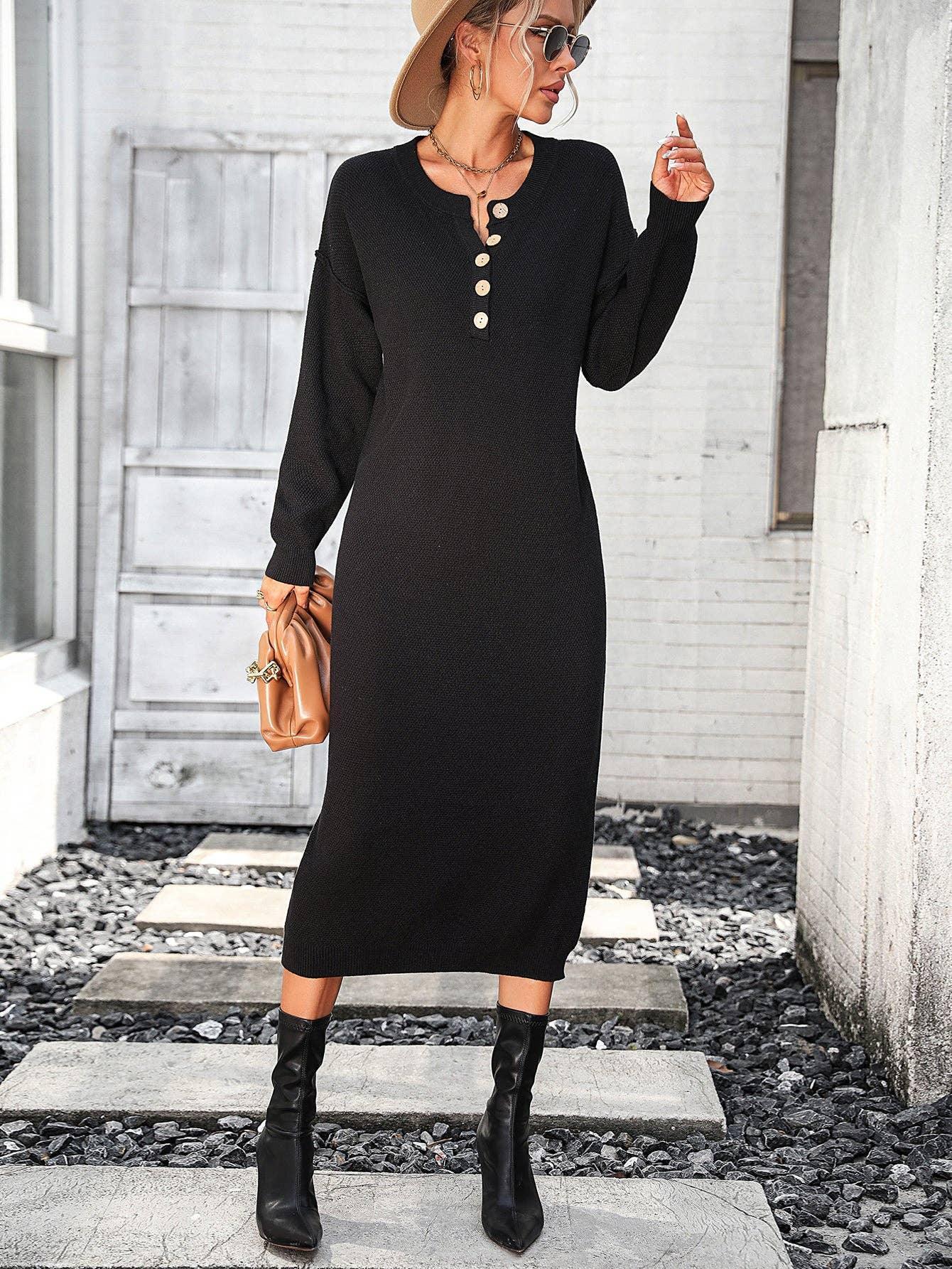 Ladies Button Long Sleeves Daily Knit Dress E2319 - SWEETKAMA