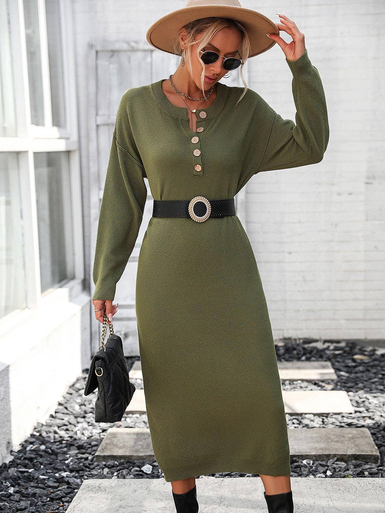 Ladies Button Long Sleeves Daily Knit Dress E2319 - SWEETKAMA