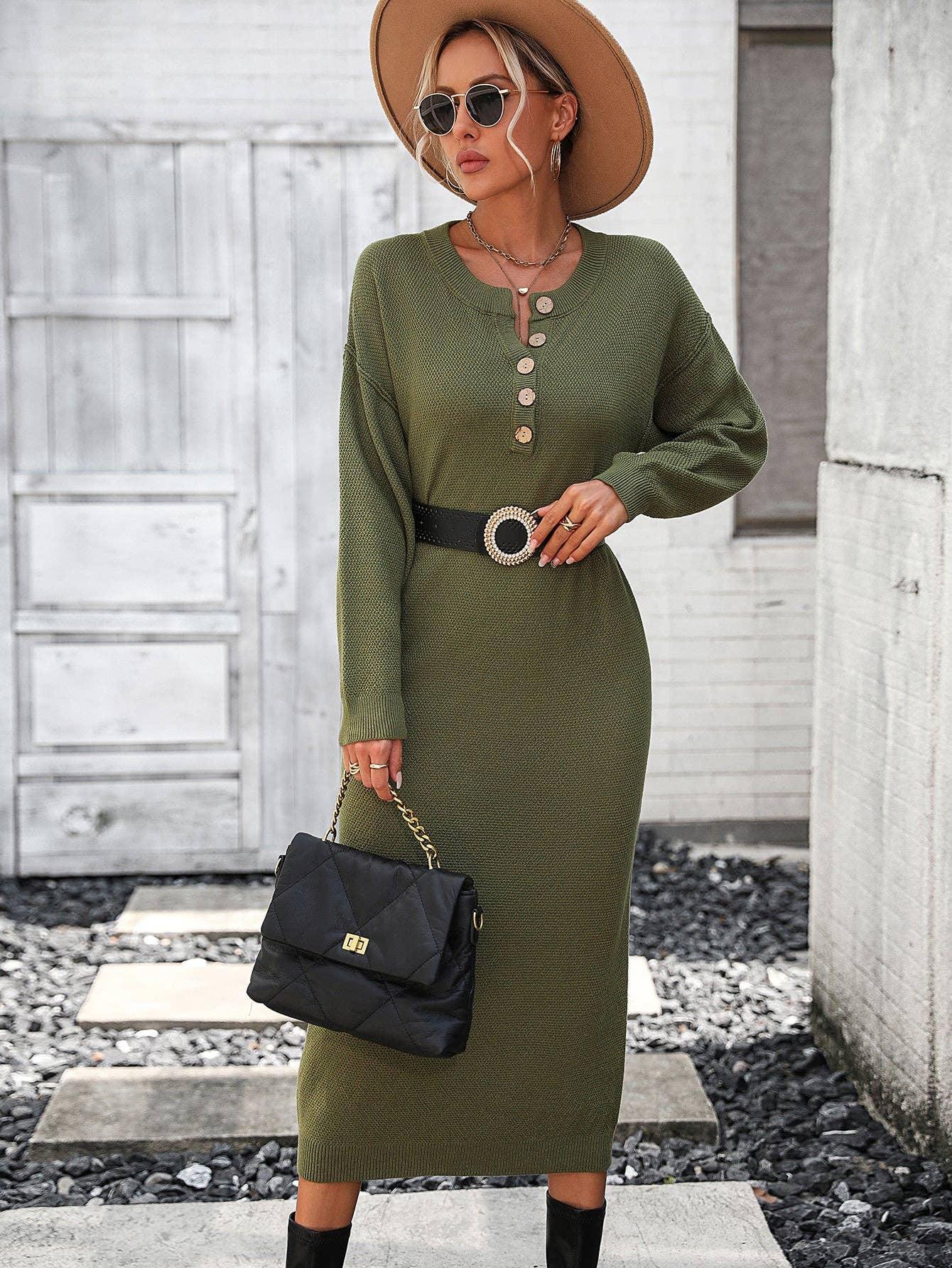 Ladies Button Long Sleeves Daily Knit Dress E2319 - SWEETKAMA