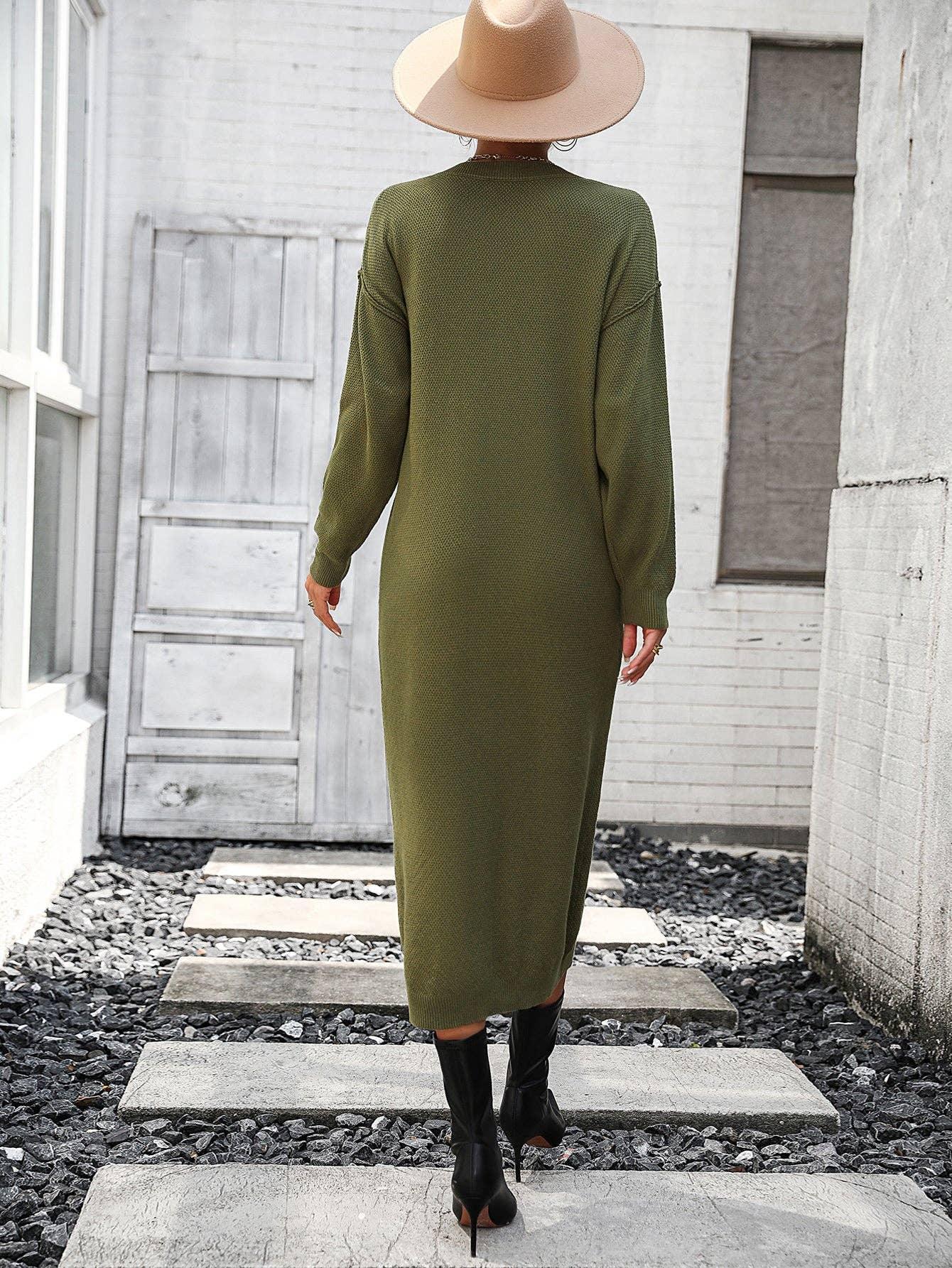 Ladies Button Long Sleeves Daily Knit Dress E2319 - SWEETKAMA