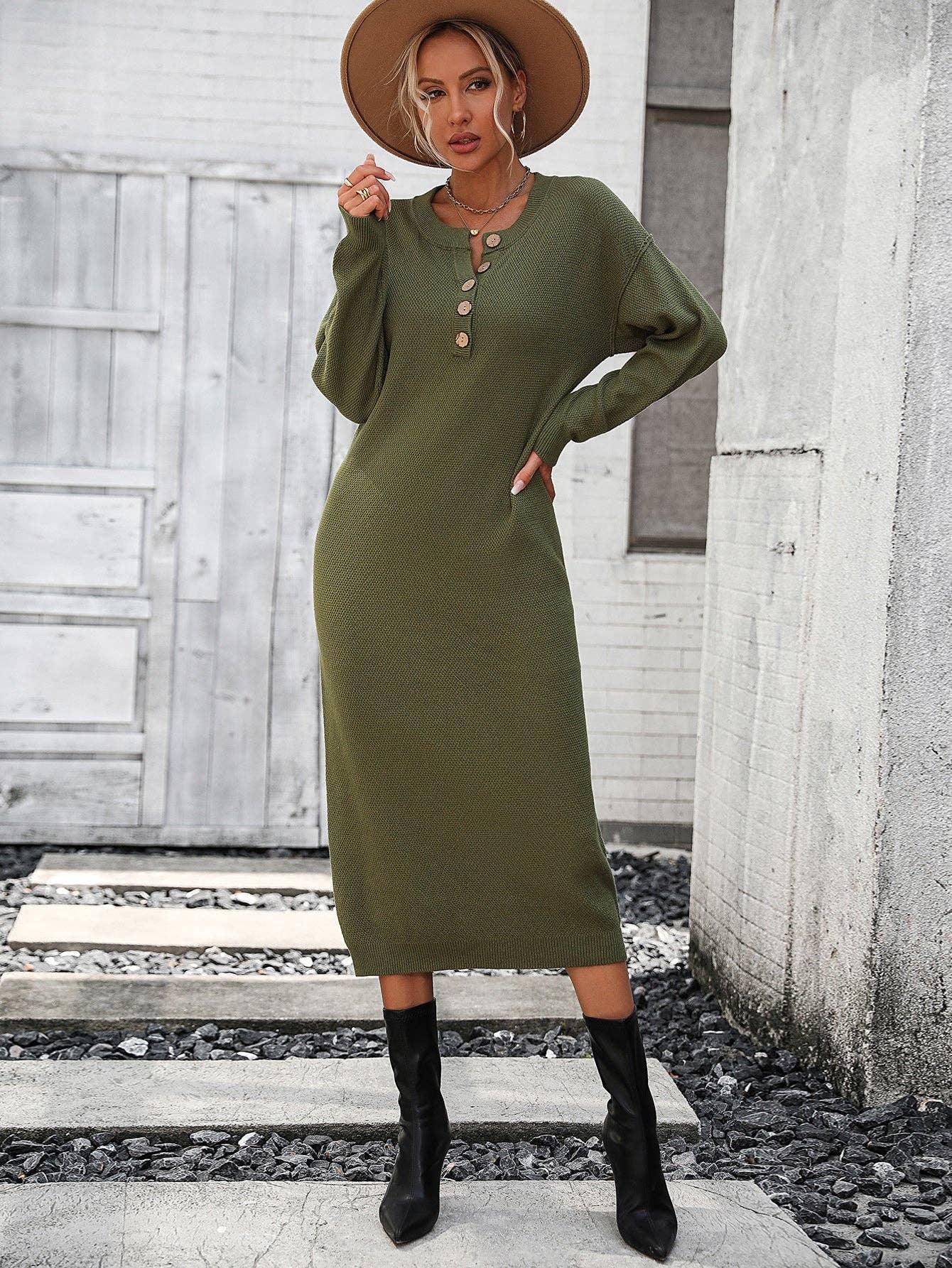 Ladies Button Long Sleeves Daily Knit Dress E2319 - SWEETKAMA