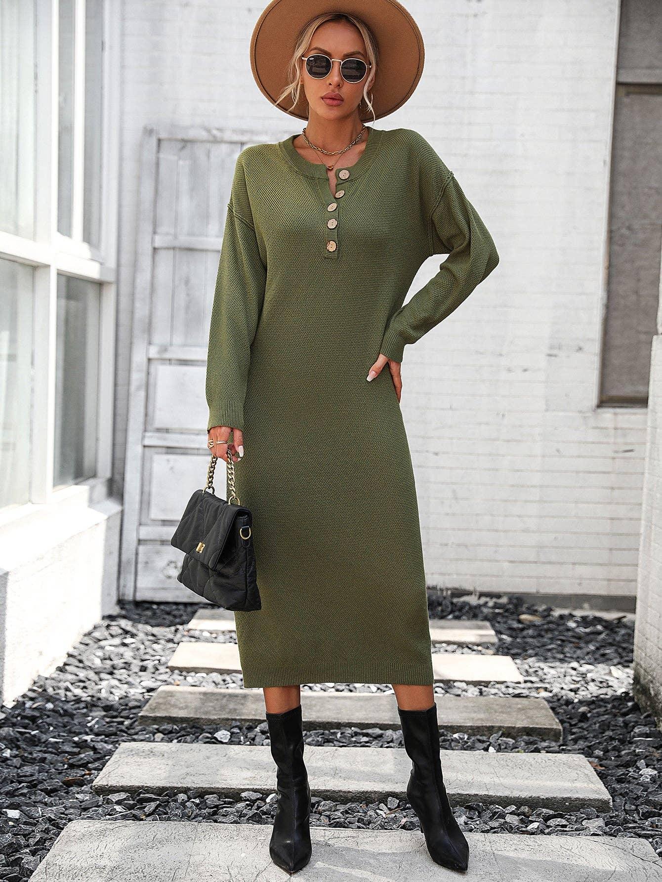 Ladies Button Long Sleeves Daily Knit Dress E2319 - SWEETKAMA