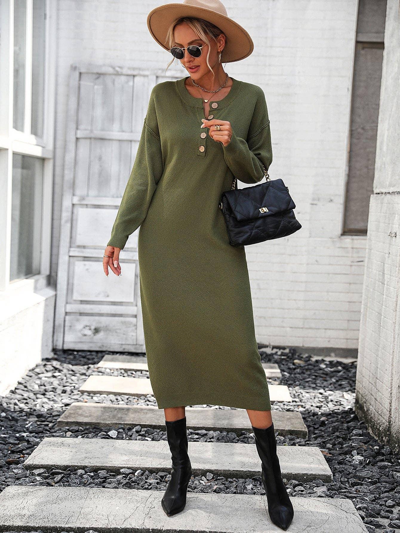 Ladies Button Long Sleeves Daily Knit Dress E2319 - SWEETKAMA