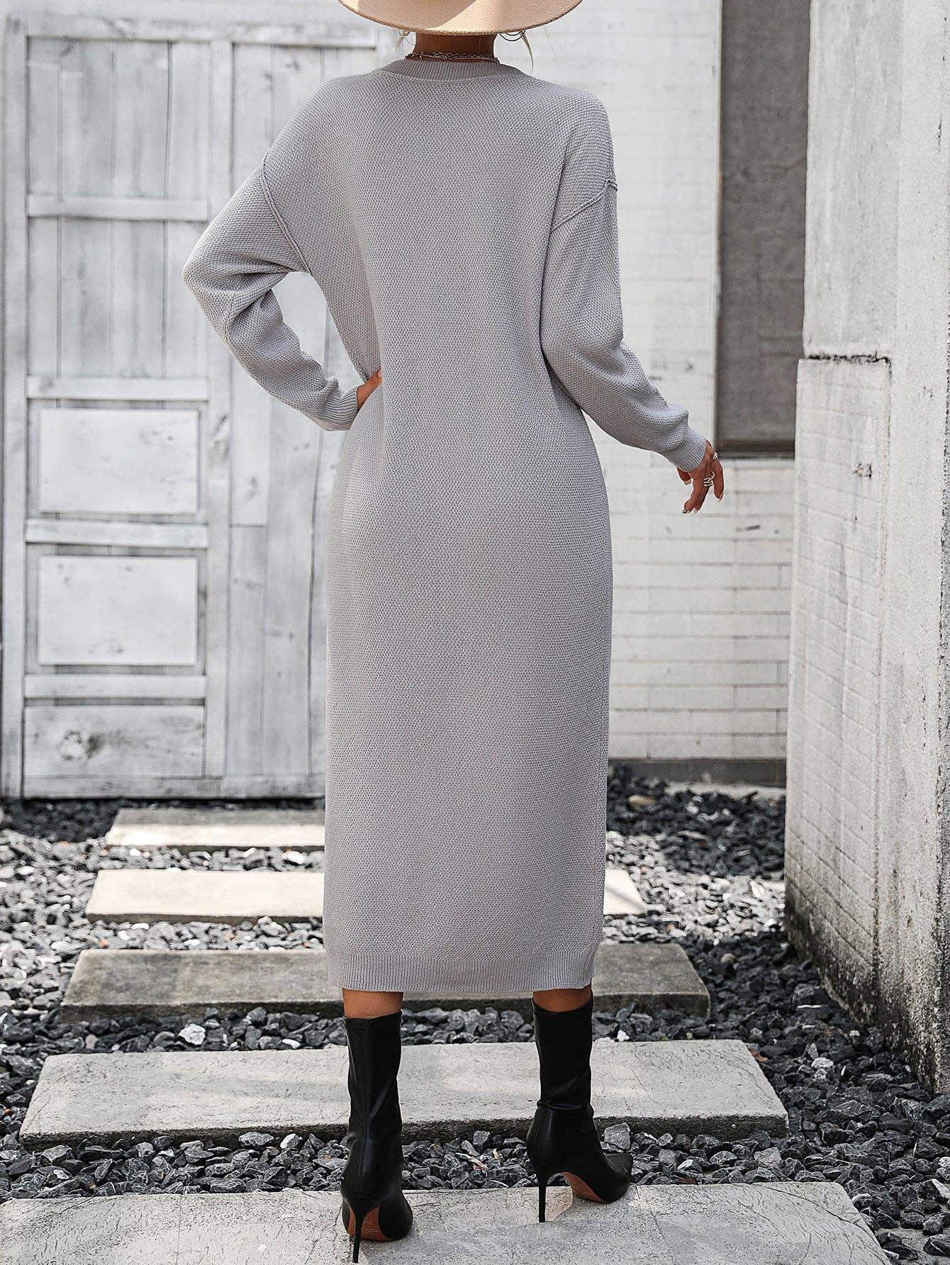 Ladies Button Long Sleeves Daily Knit Dress E2319 - SWEETKAMA