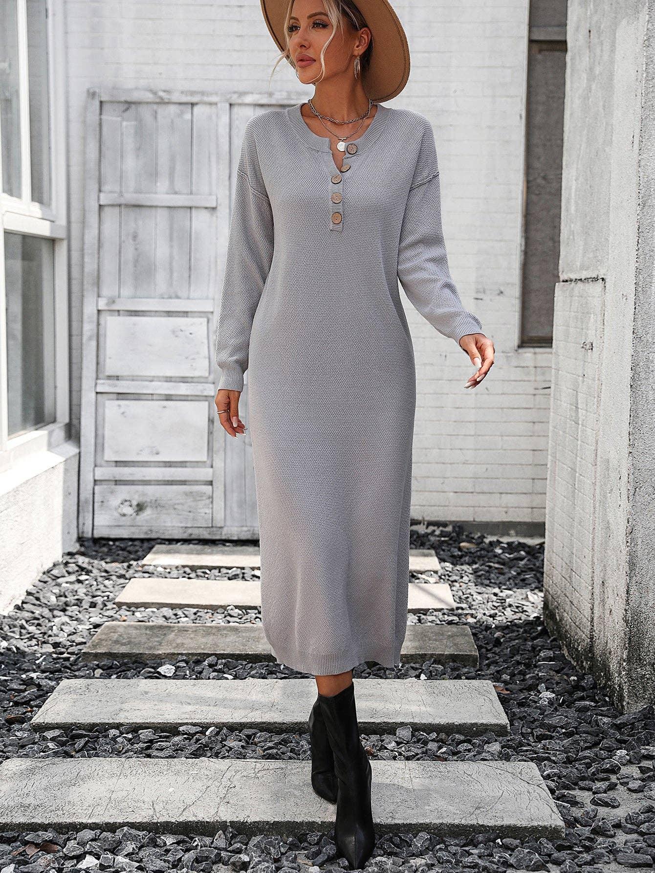Ladies Button Long Sleeves Daily Knit Dress E2319 - SWEETKAMA