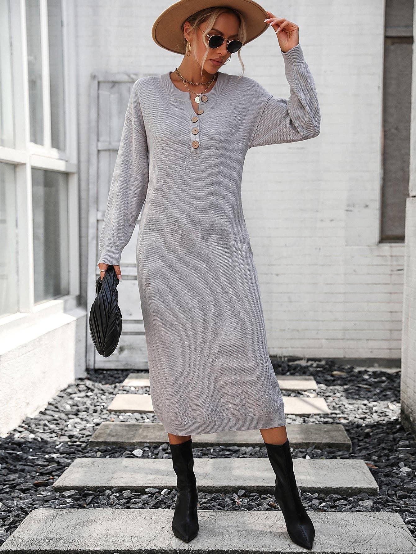 Ladies Button Long Sleeves Daily Knit Dress E2319 - SWEETKAMA