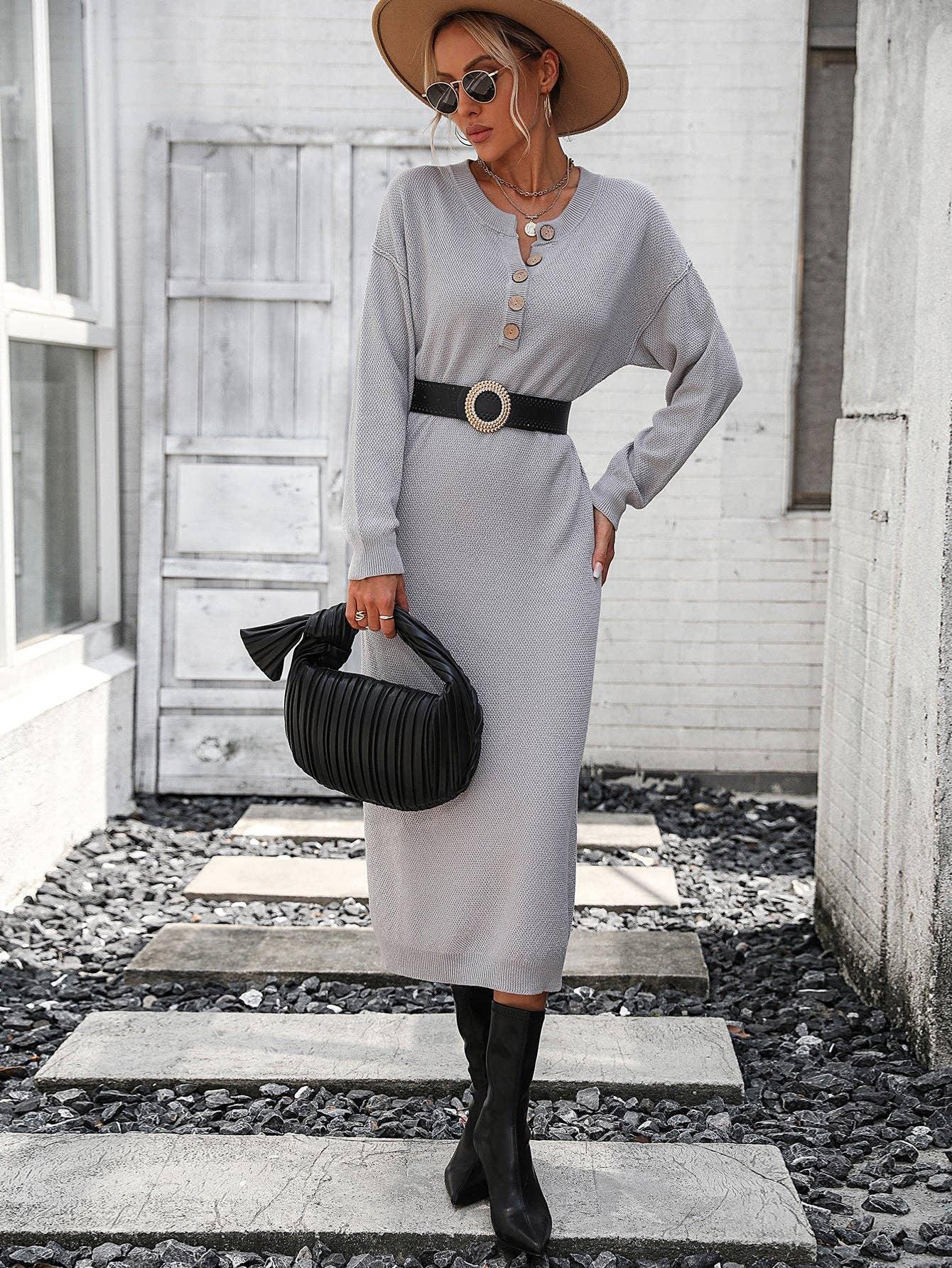 Ladies Button Long Sleeves Daily Knit Dress E2319 - SWEETKAMA
